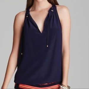 TRINA TURK Navy Tie Neck Sleeveless Blouse